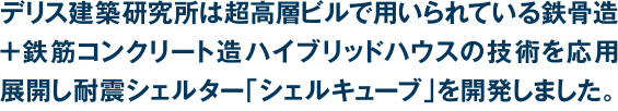 デリス建築研究所は超高層ビルで用いられている鉄骨造+鉄筋コンクリート造ハイブリッドハウスの技術を応用展開し耐震シェルター「シェルキューブ」を開発しました。